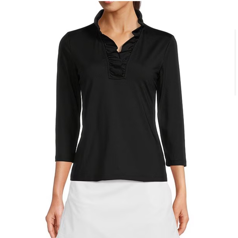 J. McLaughlin Durham 3/4 Sleeve Black Ruffle Top